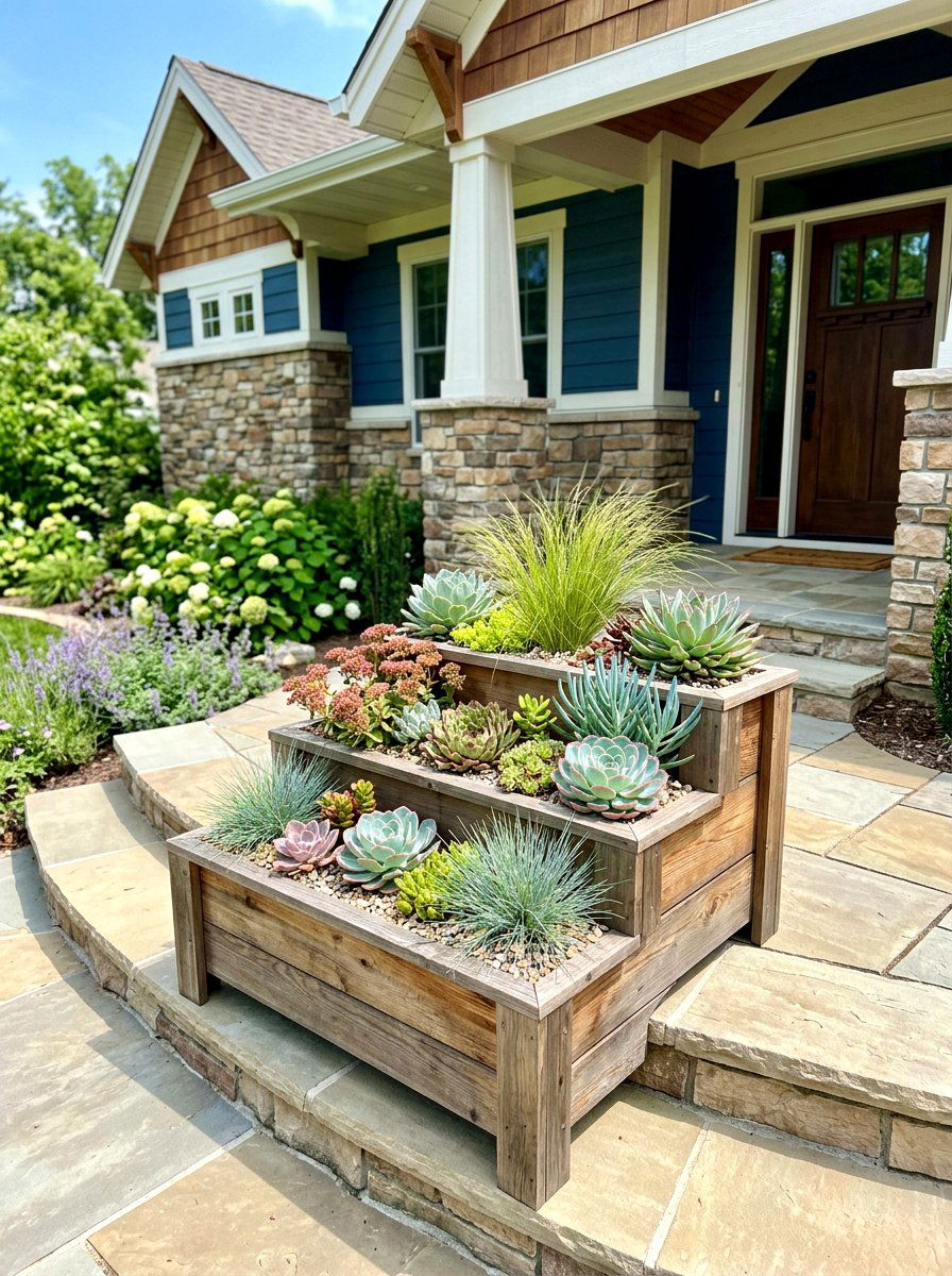 Tiered wooden planter boxes - 30 porch step planter ideas