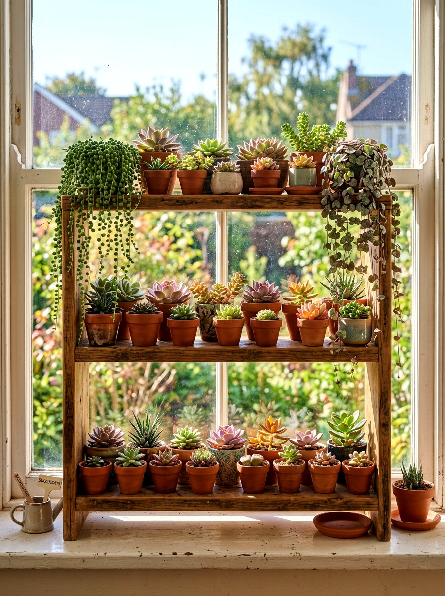 Tiered wooden shelf - 30 succulent windowsill ideas