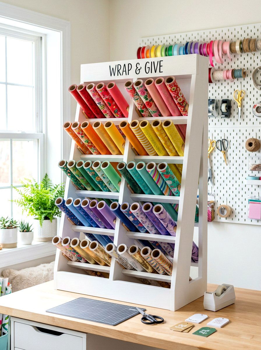 Tiered wrapping paper shelf - 30 wrapping paper storage ideas
