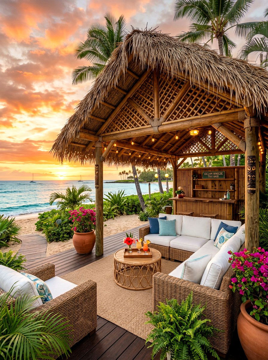 Tiki hut lounge - 30 tropical backyard landscaping ideas