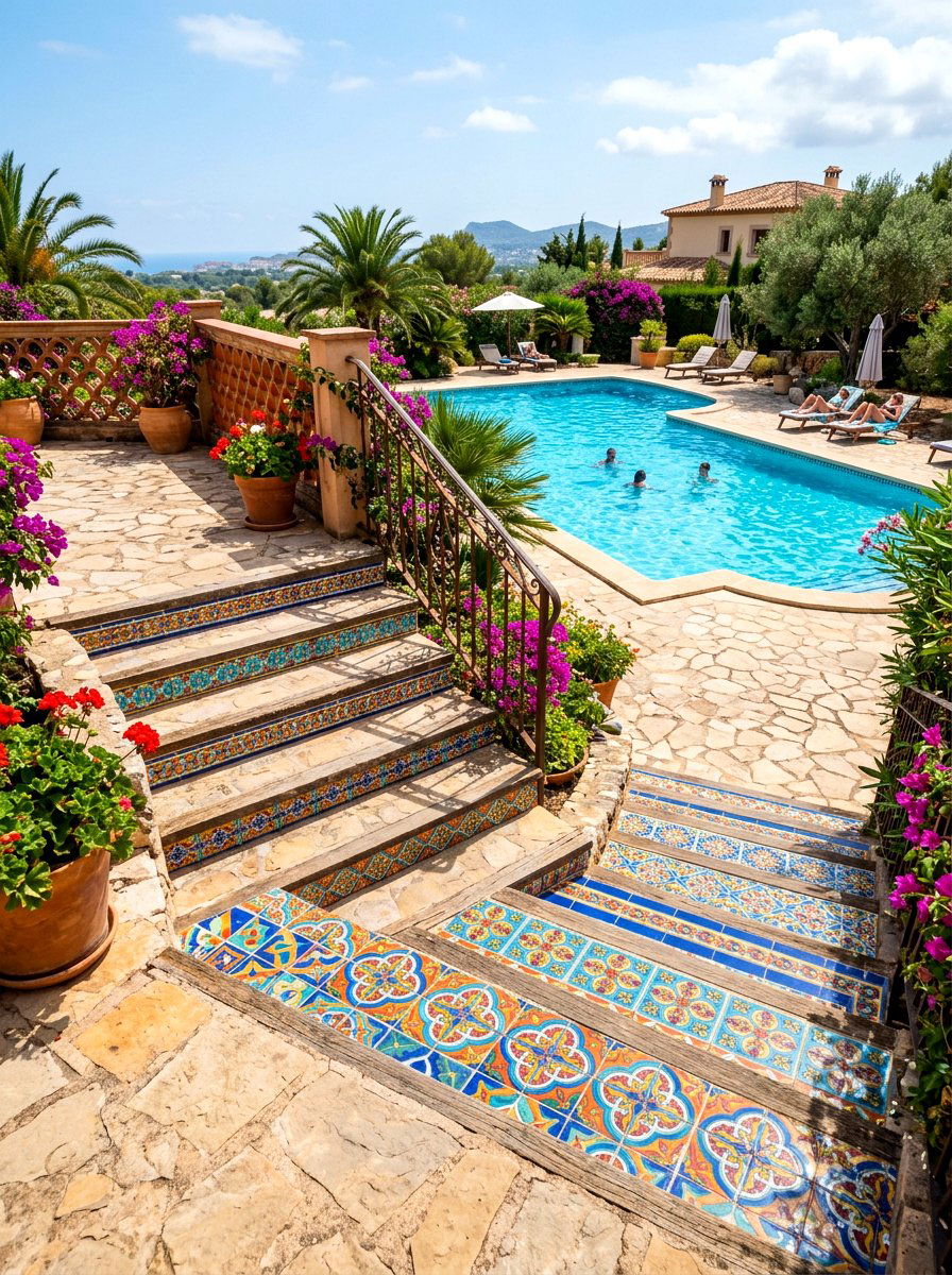 Tile Patterned Step Risers - 30 Mediterranean pool patio ideas