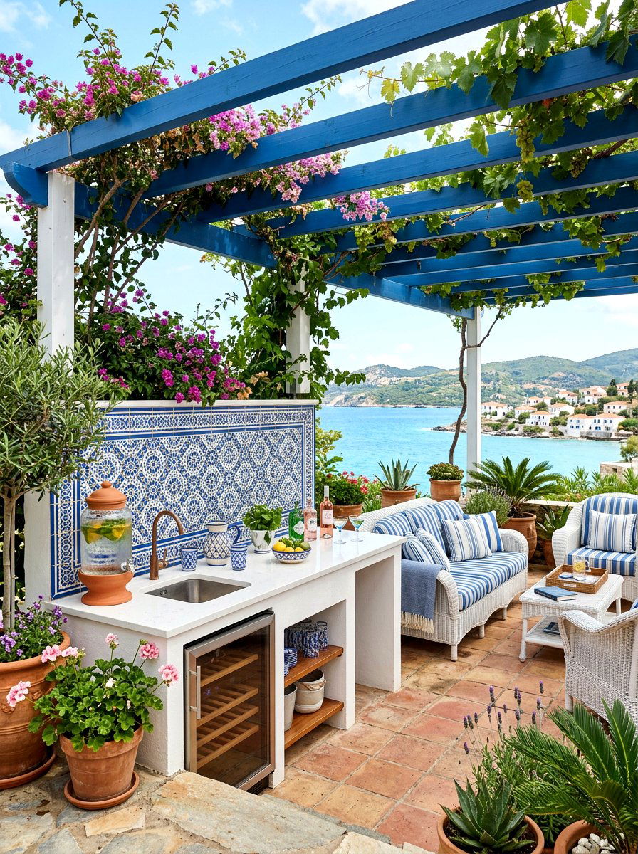 Tile backsplash beverage station - 30 drink station patio ideas