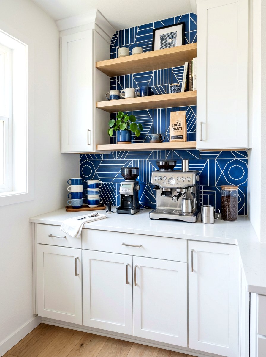 Tile backsplash coffee nook - 30 home cafe kitchen ideas