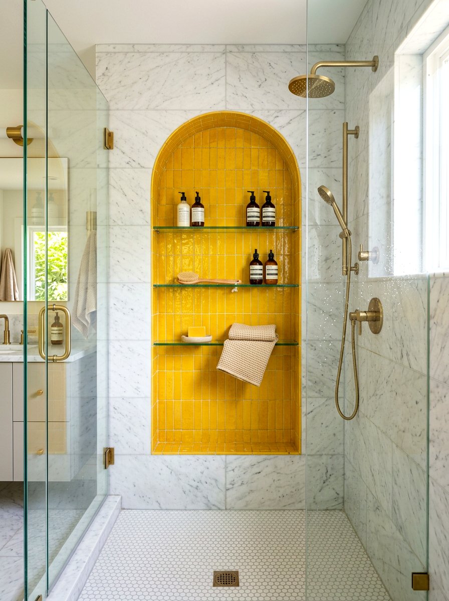 Tiled Arch Niche - 30 dopamine bathroom ideas