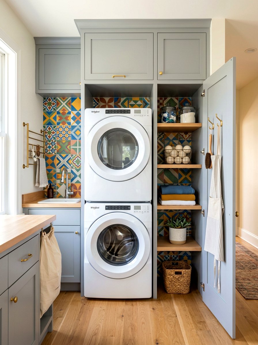 Tiled Laundry Closet Backsplash - 30 stacked laundry closet ideas
