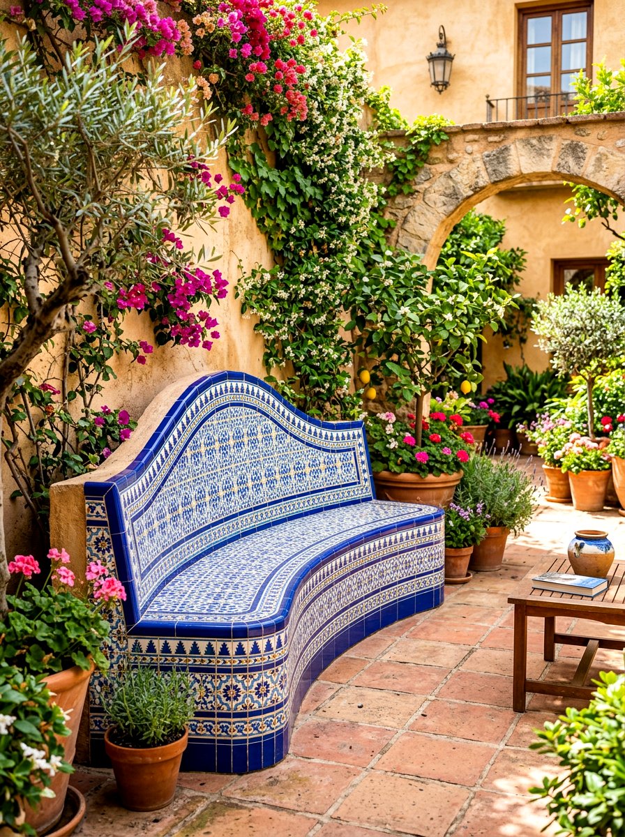 Tiled Mediterranean Bench - 30 built in patio bench ideas