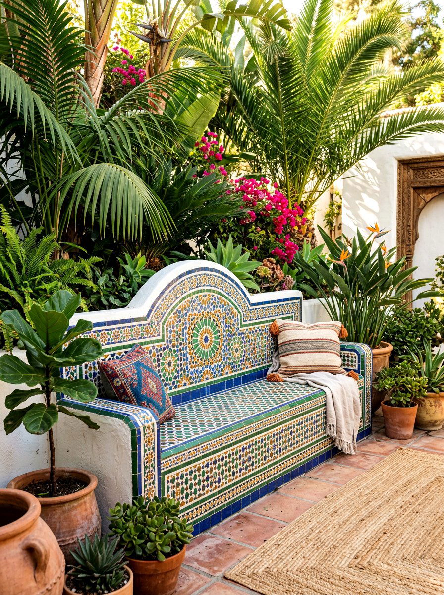 Tiled Outdoor Bench Wall - 30 seat wall ideas