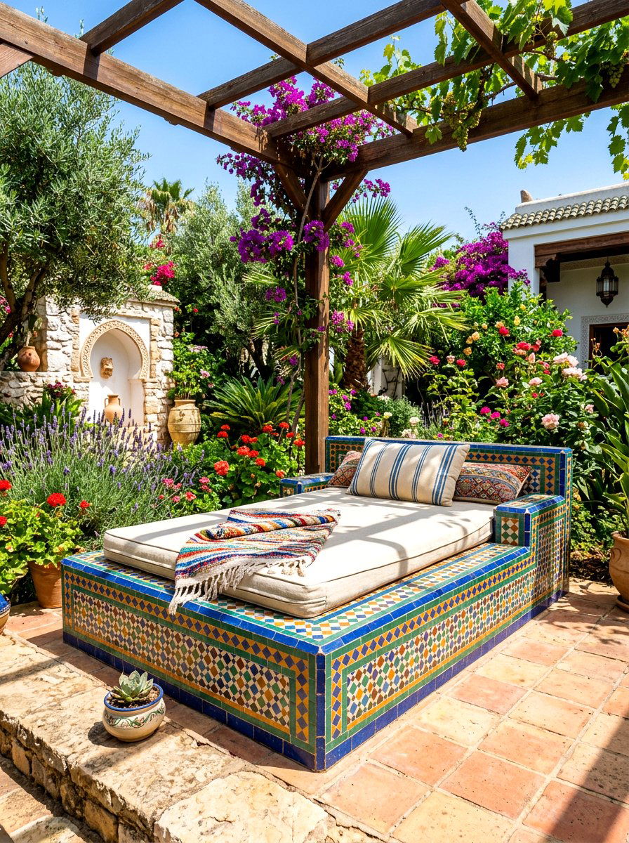Tiled Outdoor Sunbed - 30 built in sunbed patio ideas