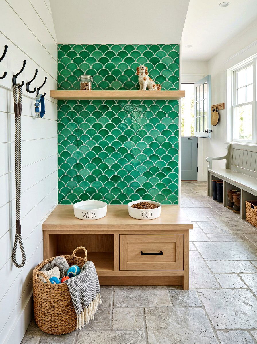 Tiled Pet Feeding Area - 30 mudroom pet feeding ideas