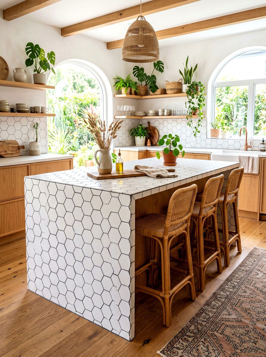 Tiled Waterfall Kitchen Island - 30 waterfall countertop ideas