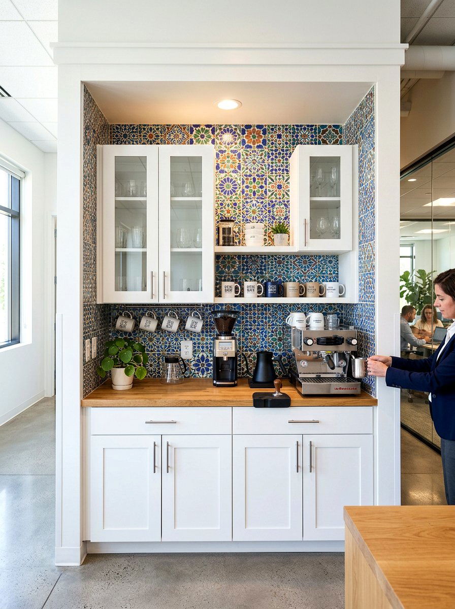 Tiled backsplash office coffee nook - 30 office coffee corner ideas