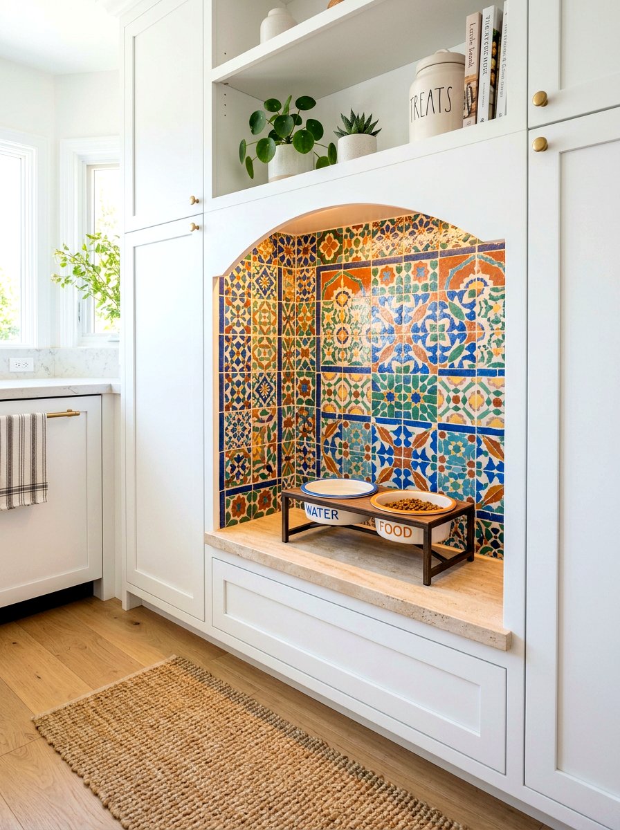 Tiled pet feeding station niche - 30 pet station kitchen ideas