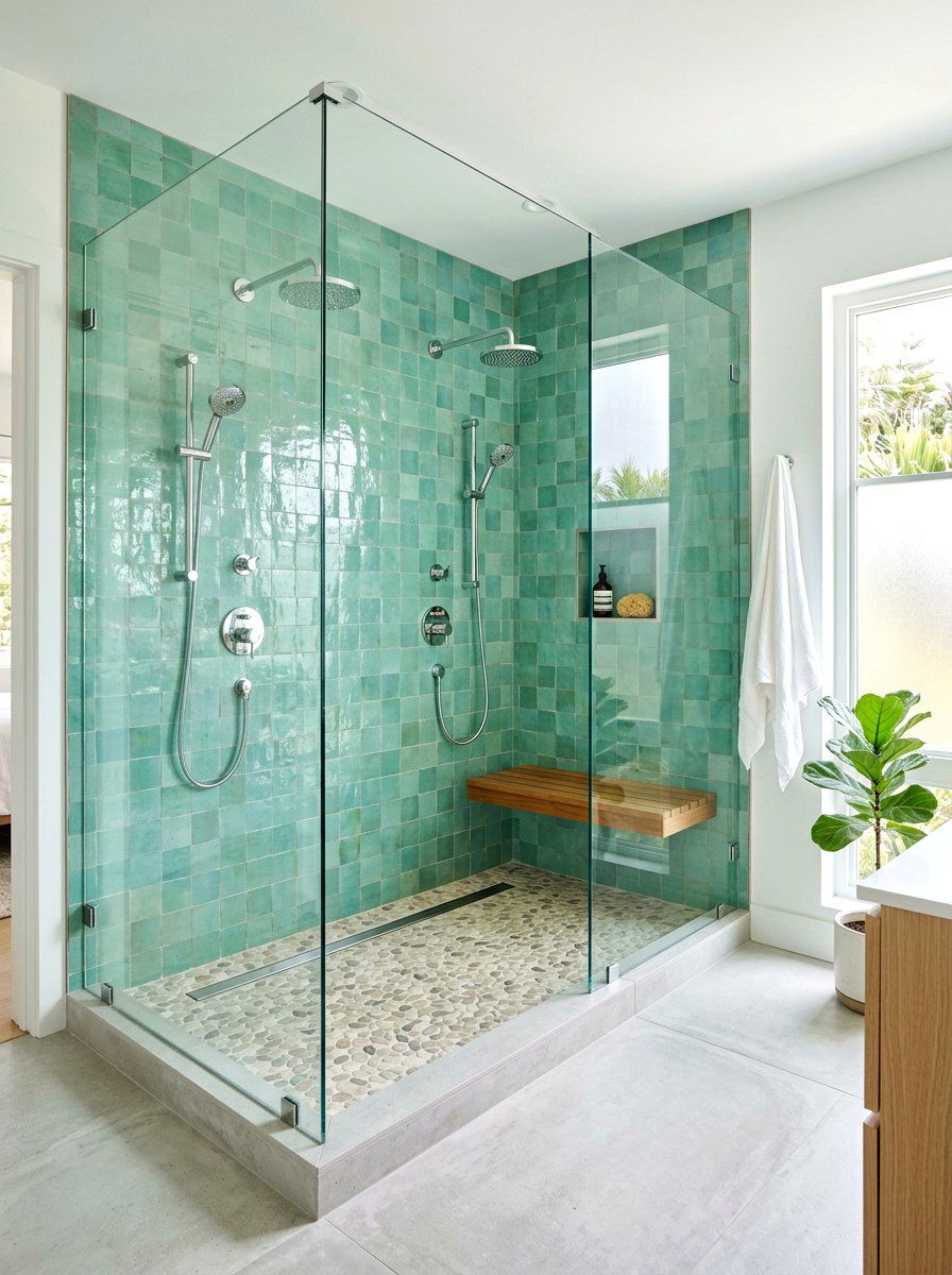 Tiled walk in double shower - 30 double shower bathroom ideas