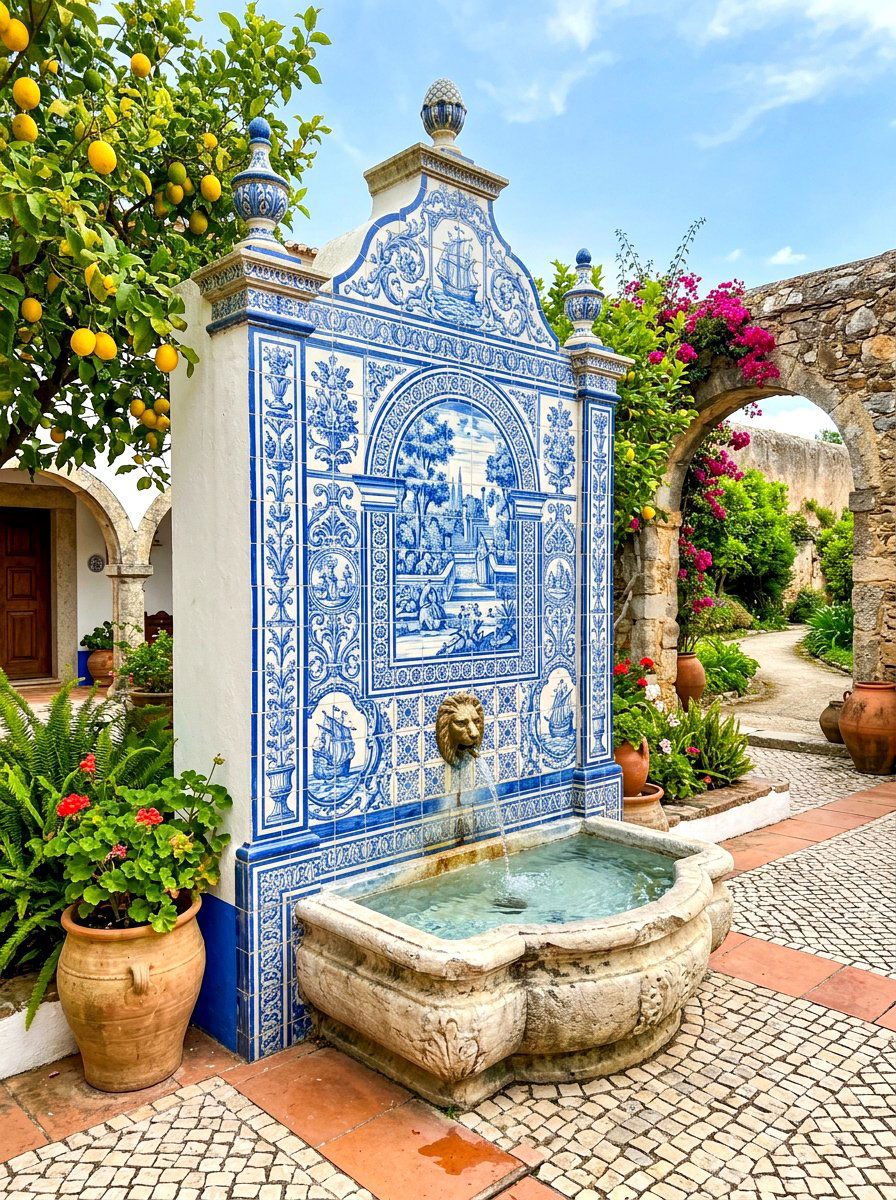 Tiled wall fountain - 30 courtyard fountain ideas