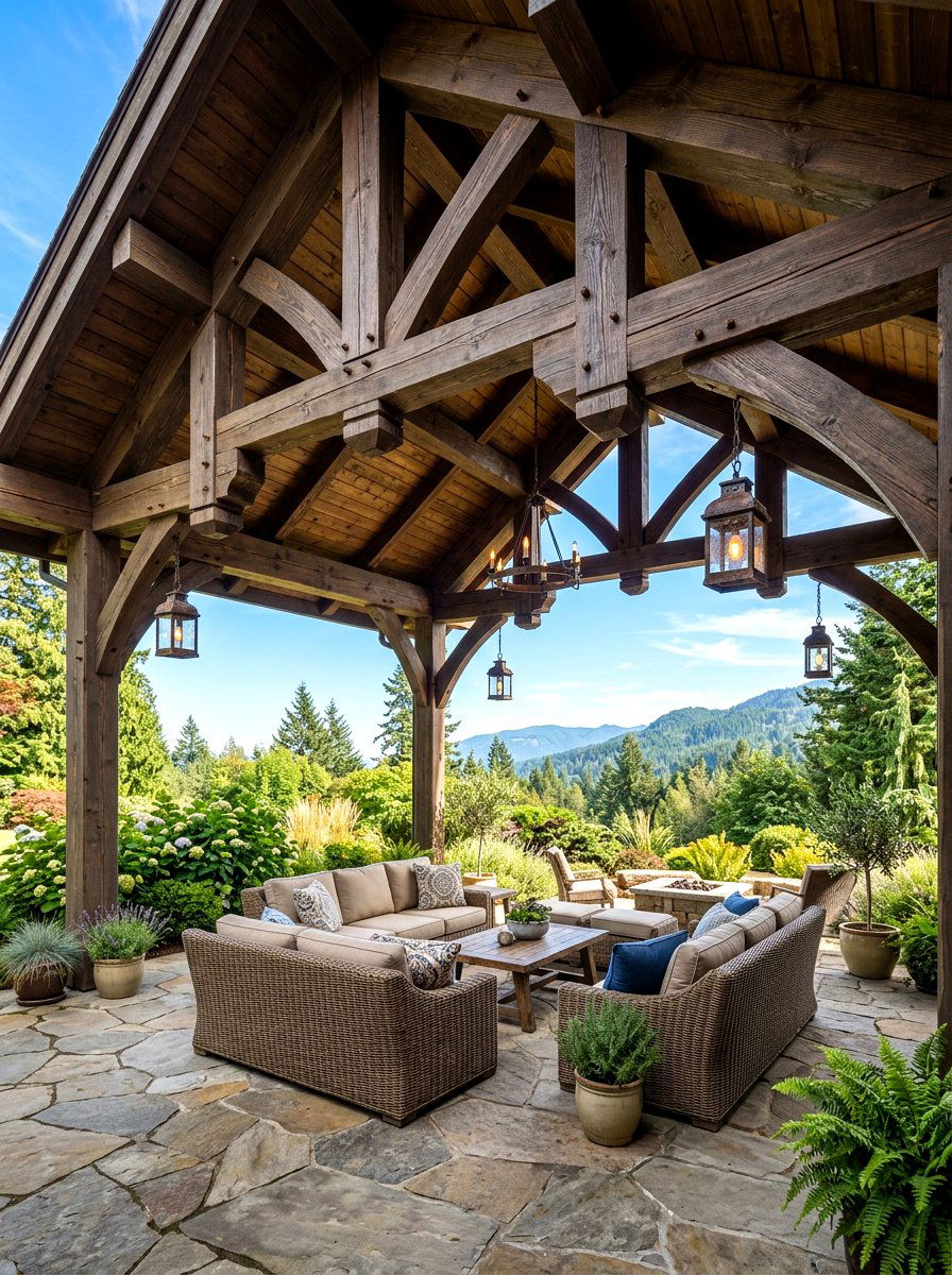 Timber Frame Patio Cover - 30 mountain cabin patio ideas