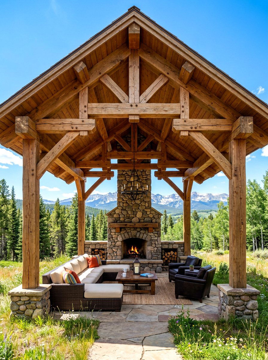 Timber Frame Pavilion - 30 rustic backyard seating ideas
