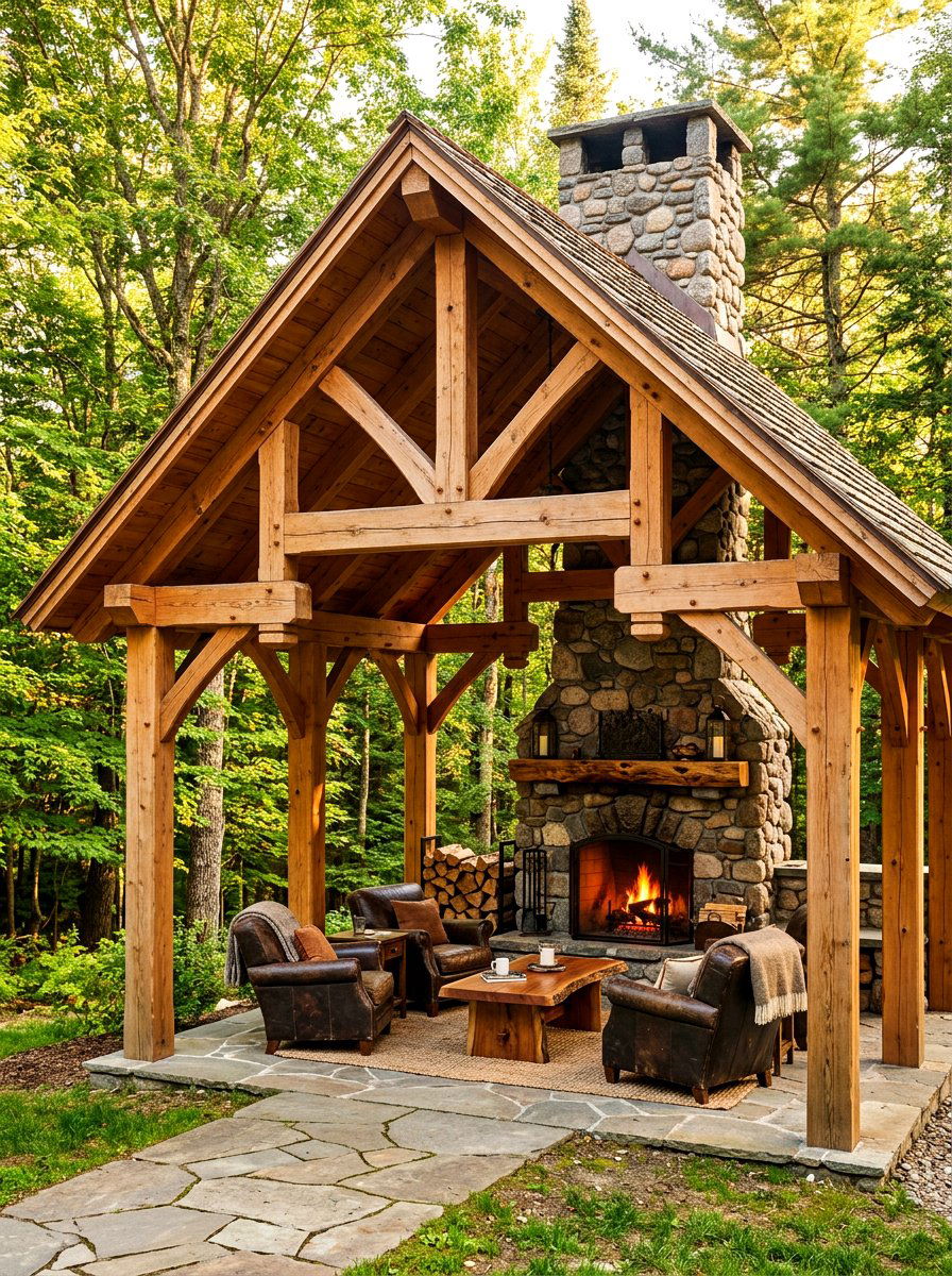 Timber Frame Pavilion With Stone Fireplace - 30 backyard pavilion ideas