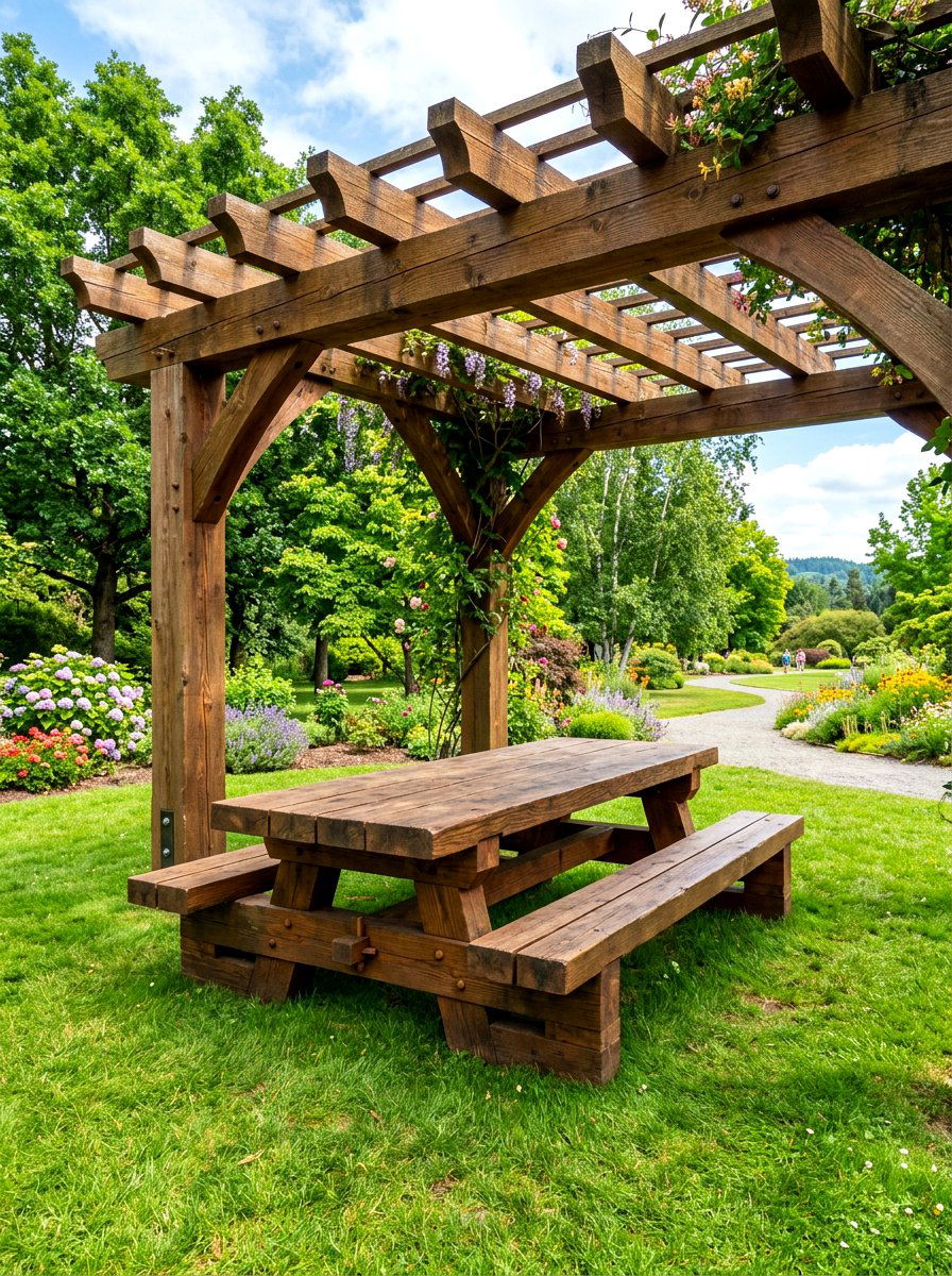 Timber Frame Picnic Bench - 30 rustic outdoor furniture ideas