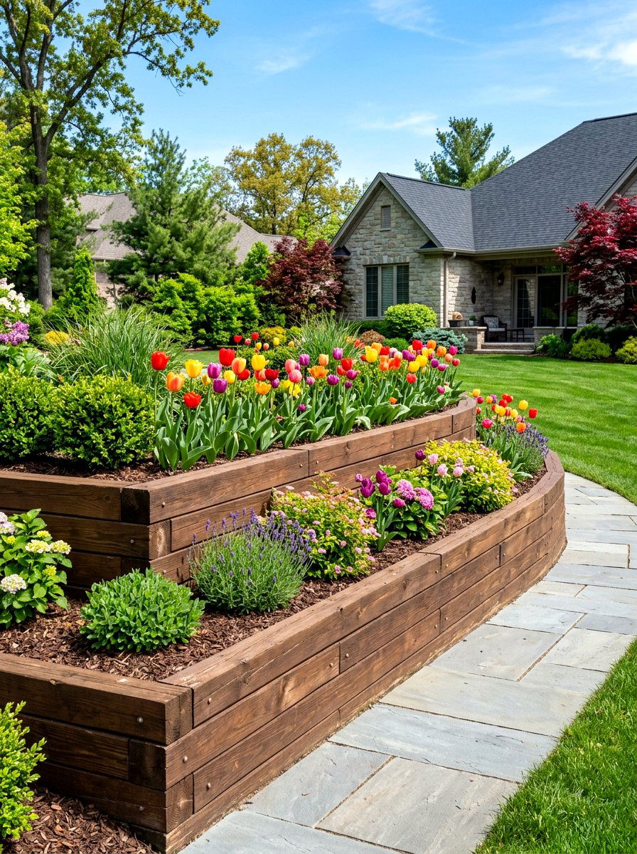 Timber Retaining Wall Garden - 30 retaining wall flower bed ideas