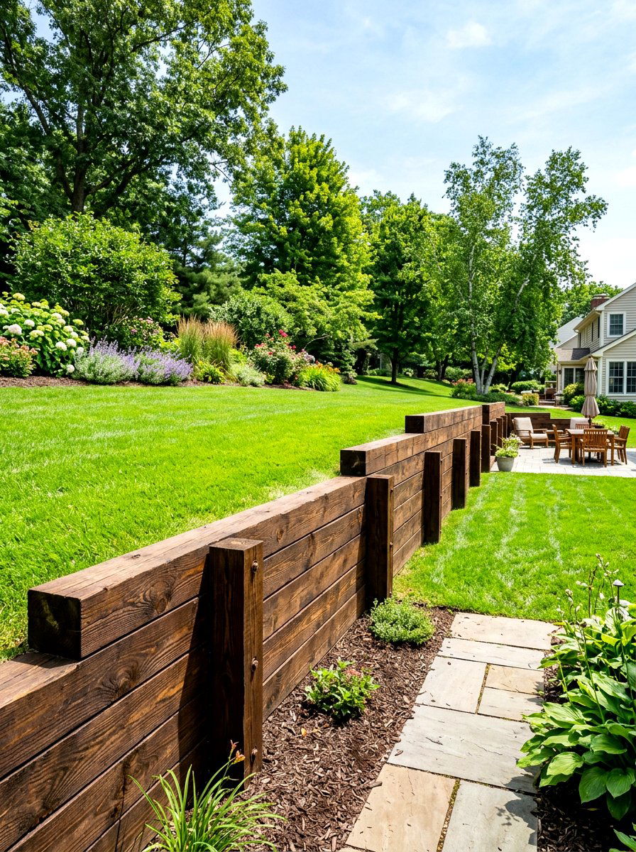 Timber Retaining Wall - 30 sloped yard landscaping ideas