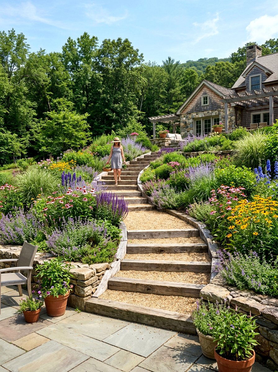 Timber and gravel steps - 30 narrow side yard path ideas