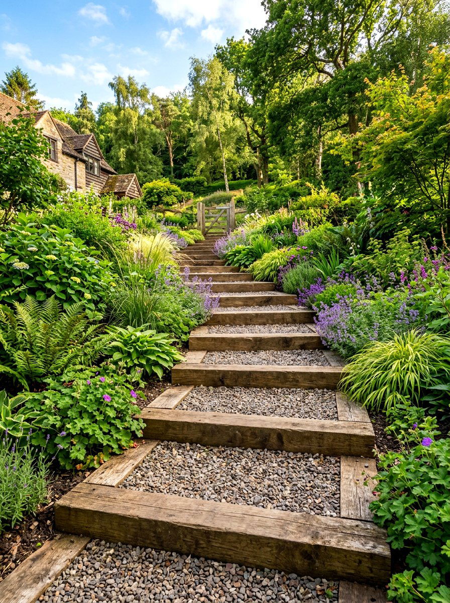 Timber sleeper path - 30 woodland path ideas
