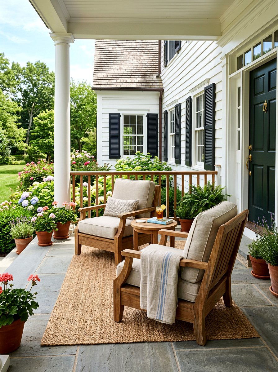 Timeless teak porch lounge - 30 quiet luxury curb appeal ideas