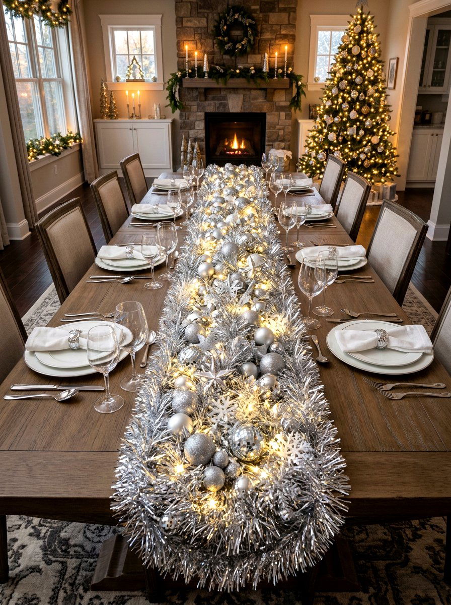 Tinsel garland table runner - 30 New Year table decor ideas