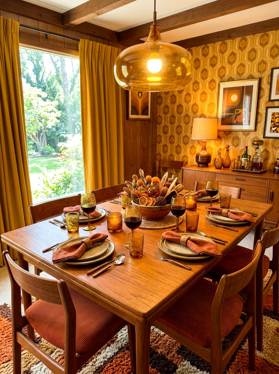 Tinted Amber Glass Retro Table - 30 layered tablescape dining ideas