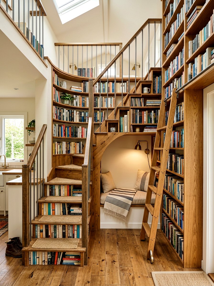 Tiny Home Staircase Library - 30 under stairs reading nook ideas