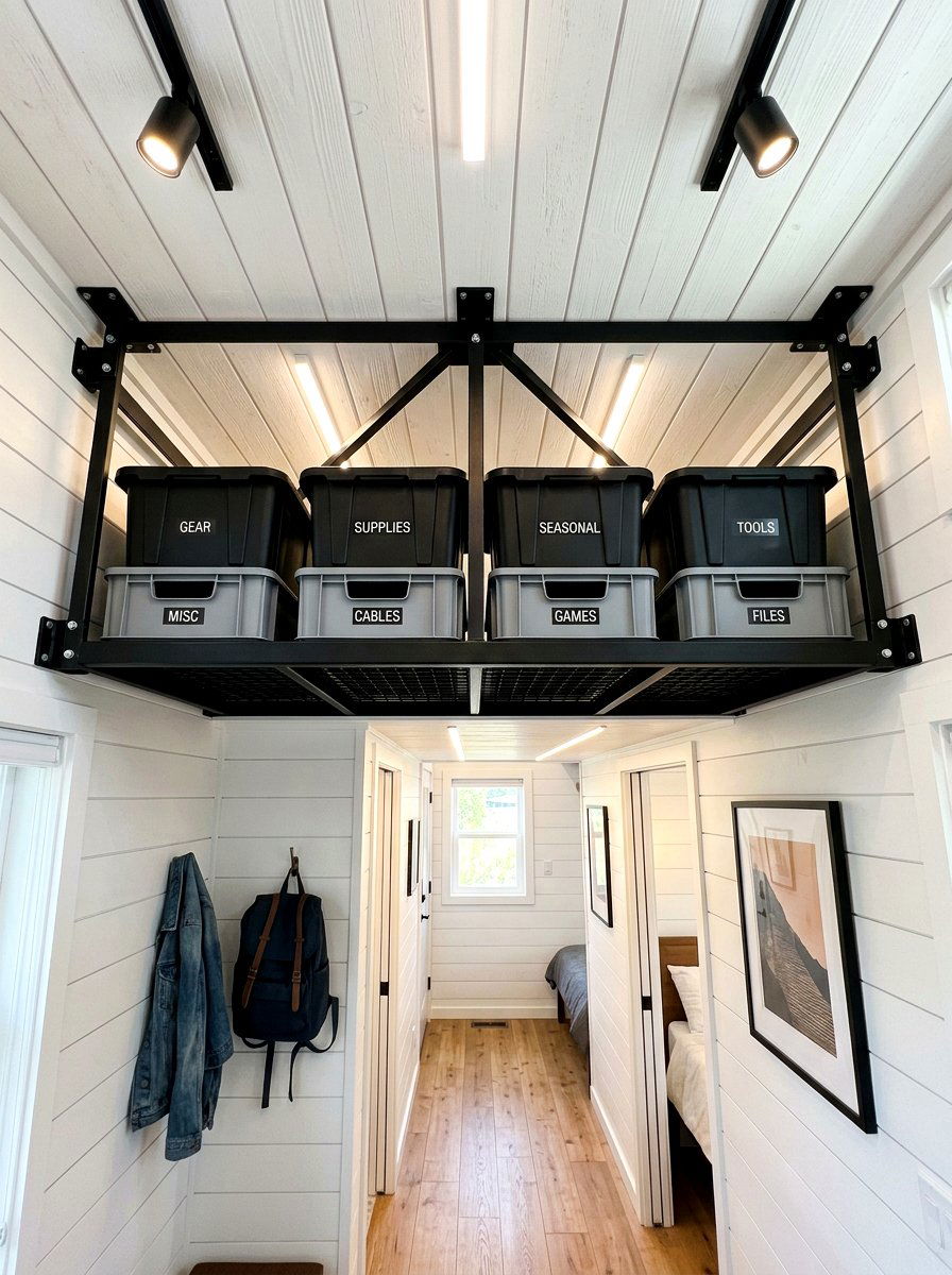 Tiny House Ceiling Mounted Rack - 30 tiny house storage ideas