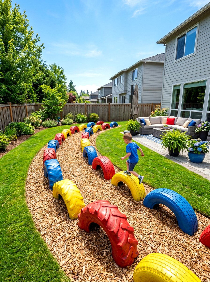 Tire Run Track - 30 backyard obstacle course ideas