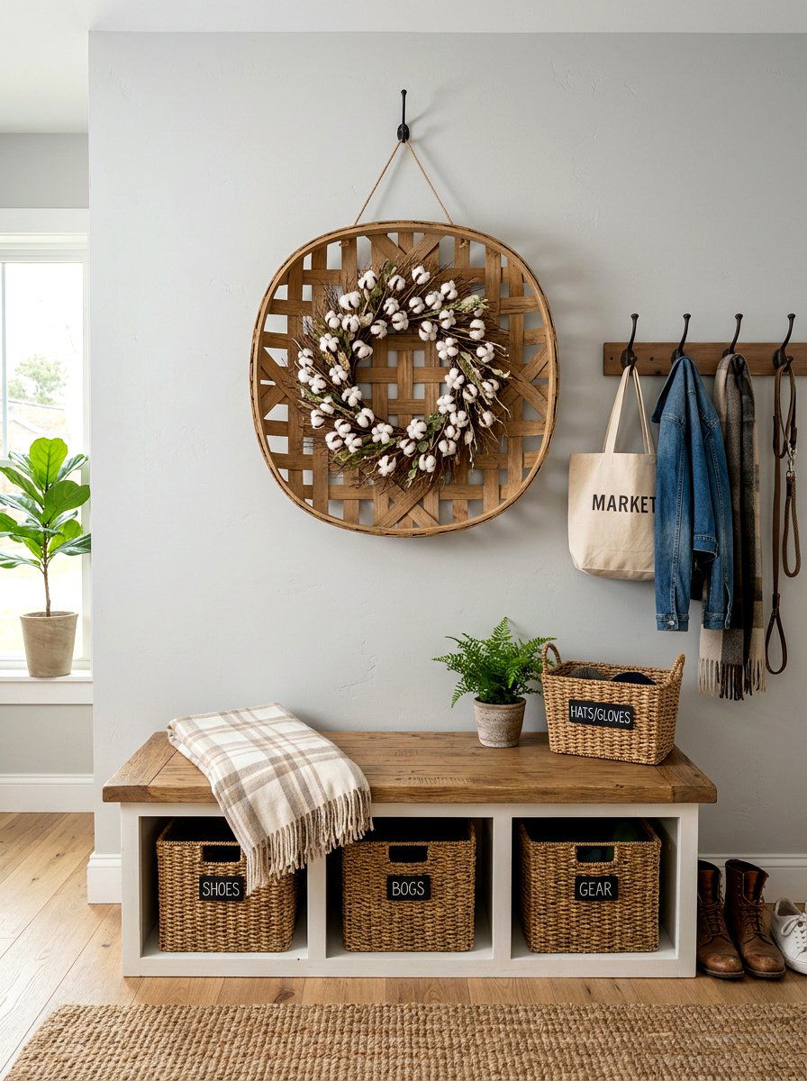 Tobacco basket wreath - 30 wreath wall display ideas