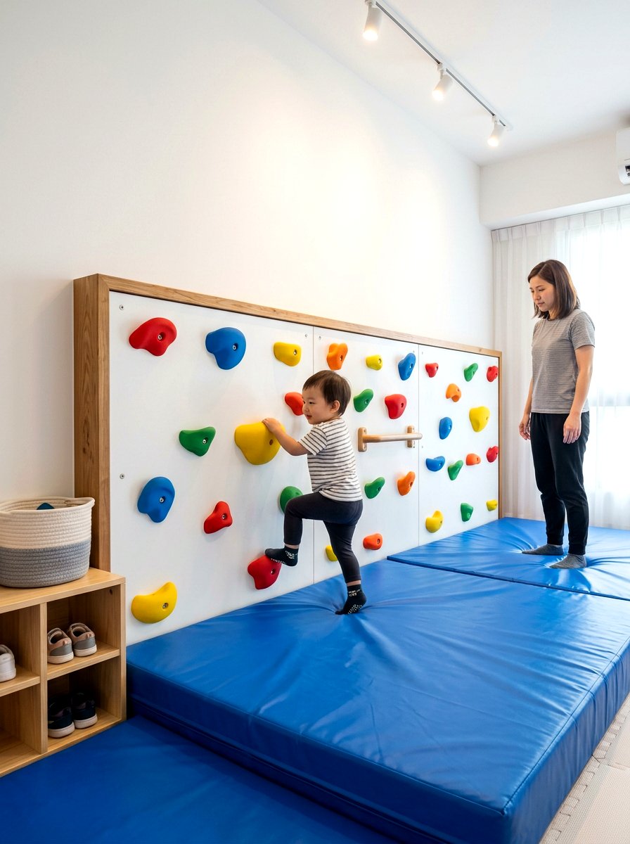 Toddler Indoor Bouldering - 30 climbing wall playroom ideas