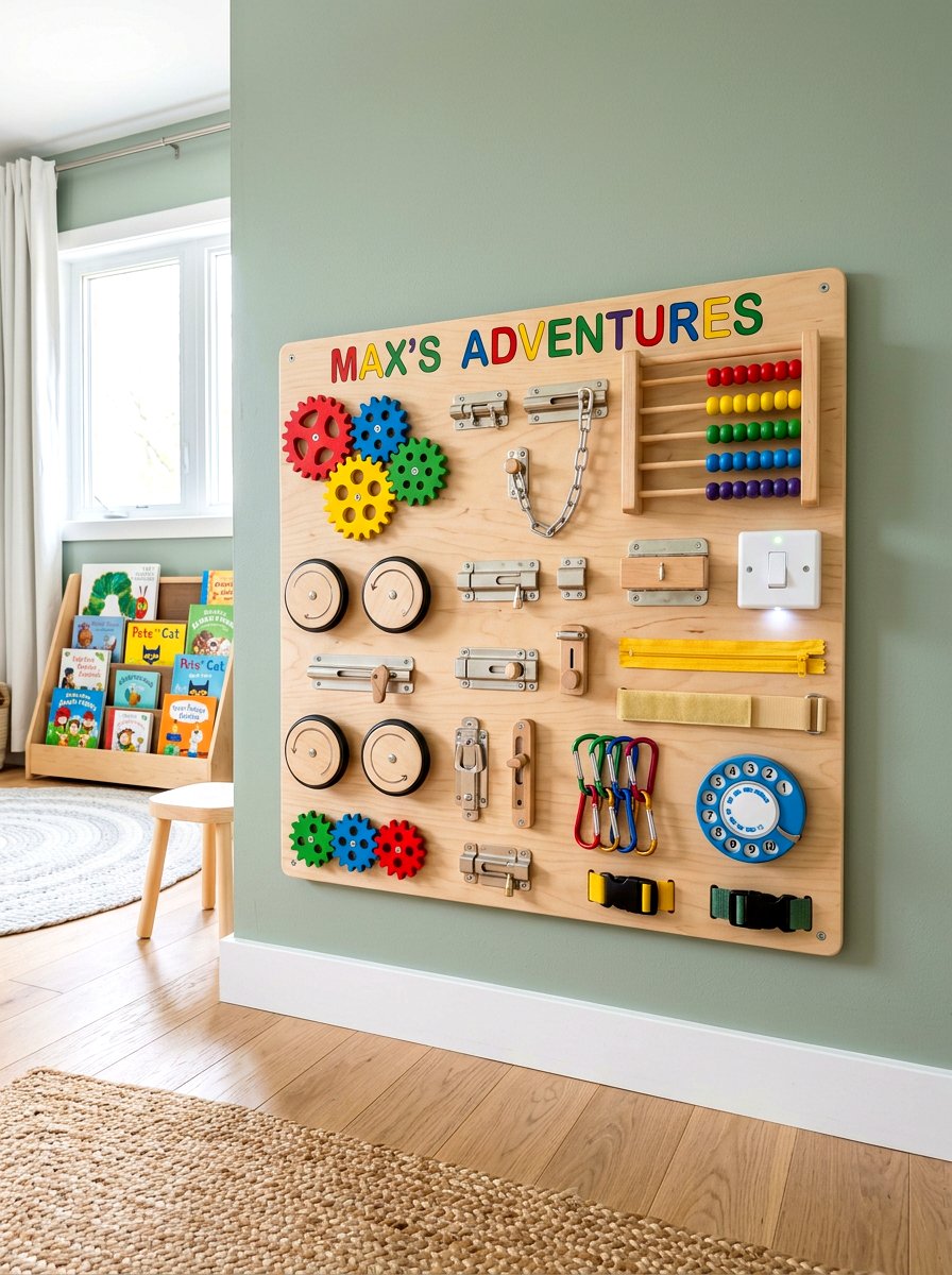 Toddler busy board for wall - 30 sensory playroom ideas