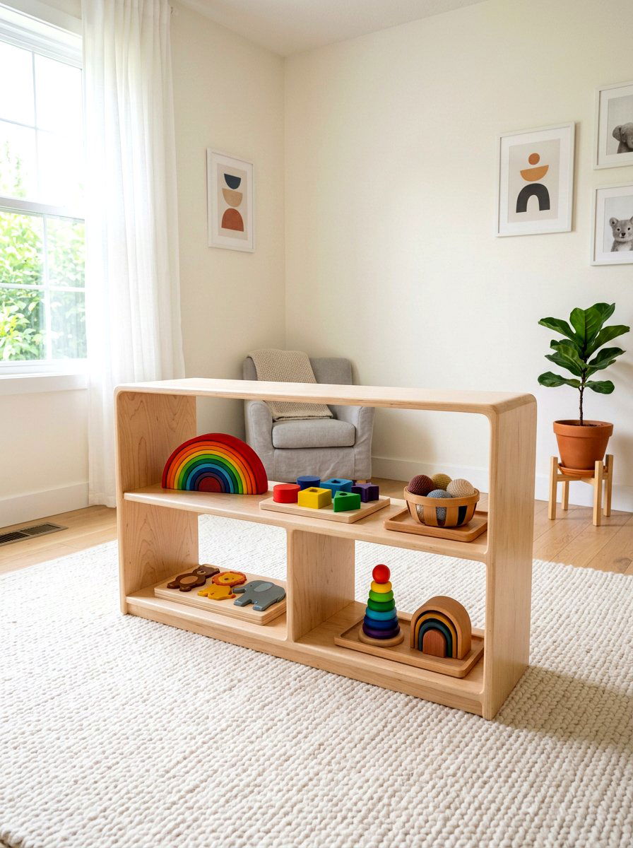 Toddler low wooden shelf - 30 Montessori playroom aesthetic ideas