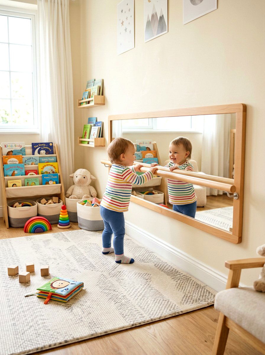 Toddler mirror pull bar - 30 Montessori playroom aesthetic ideas