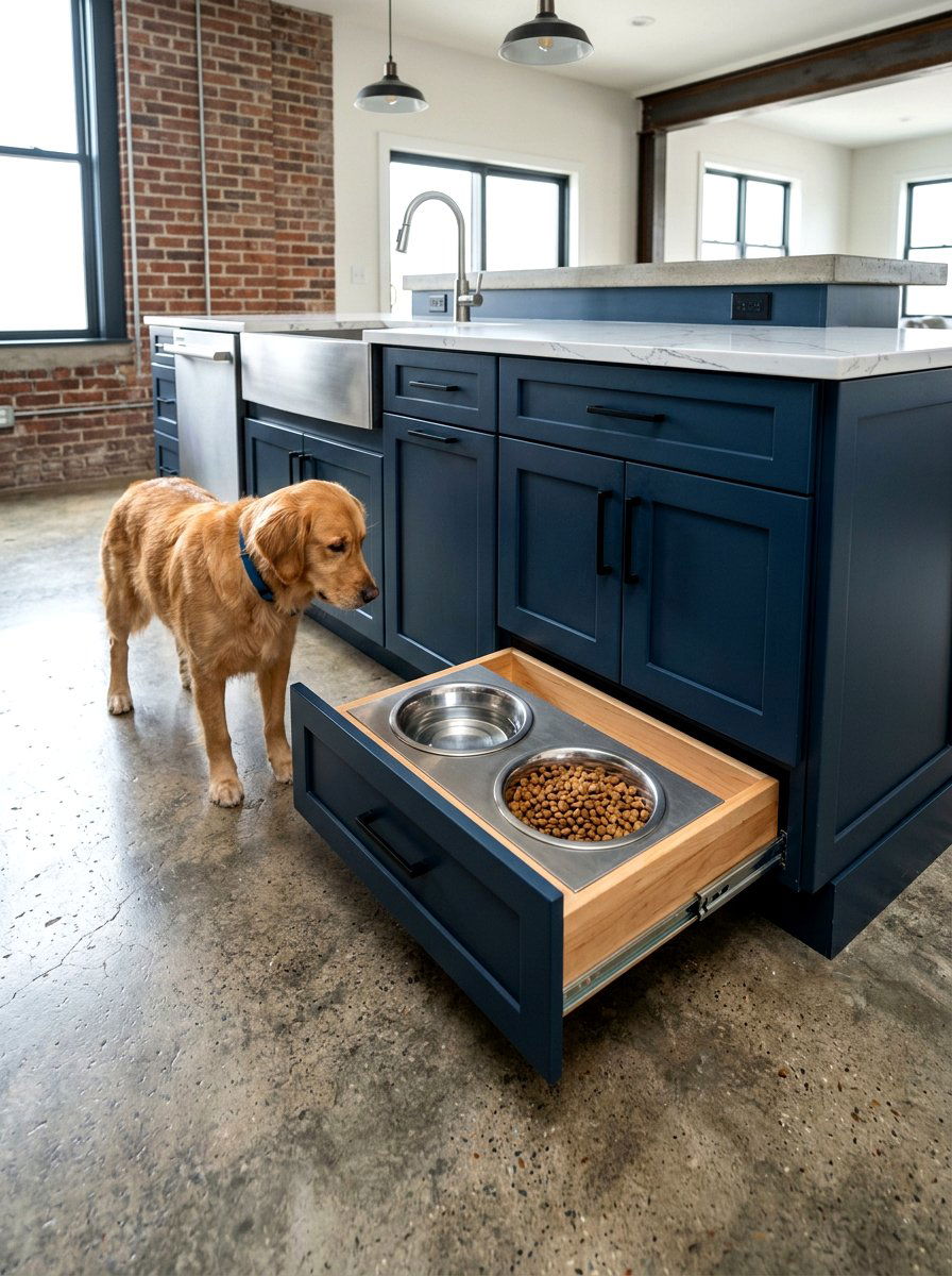 Toe Kick Dog Bowl Drawer - 30 dog room storage ideas
