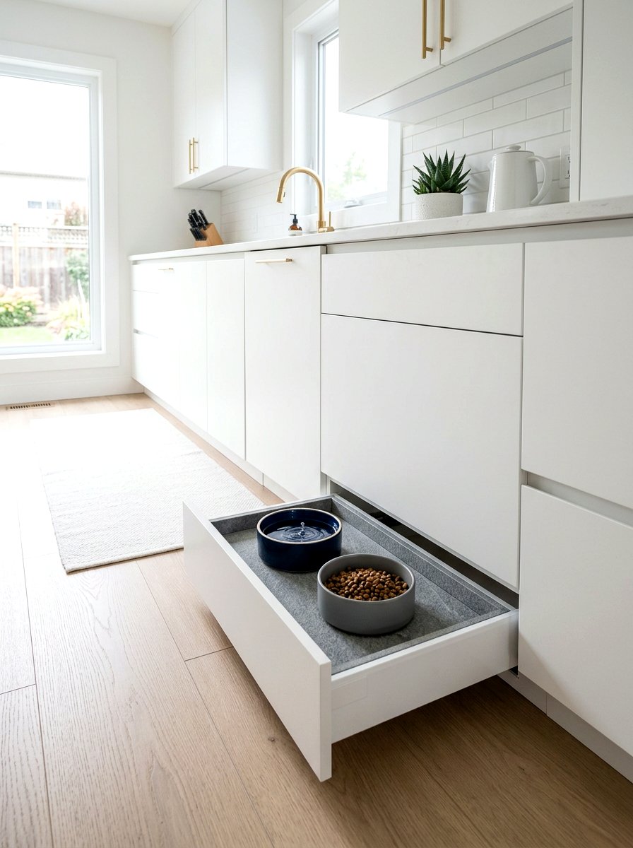 Toe Kick Pet Food Station - 30 pet feeding drawer ideas aesthetic