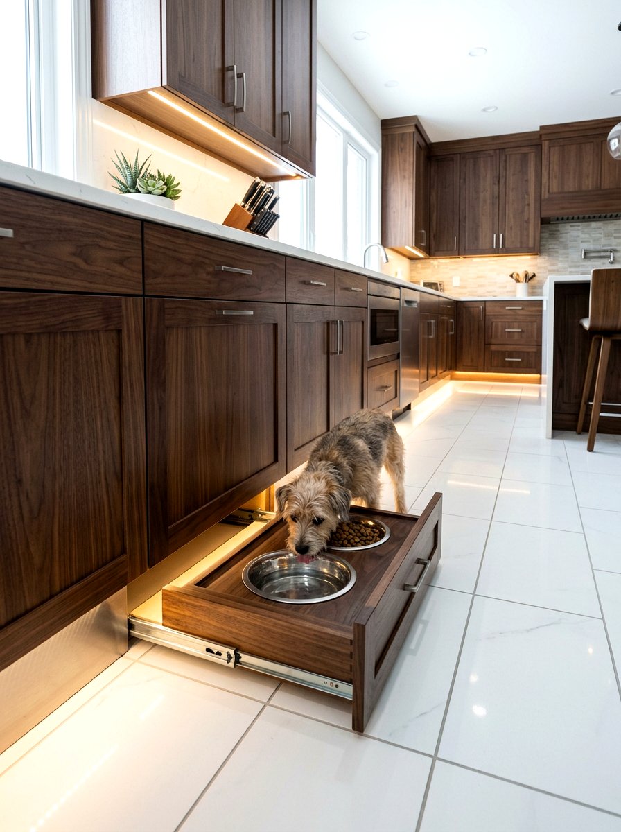 Toe kick dog bowl drawer - 30 pet station kitchen ideas