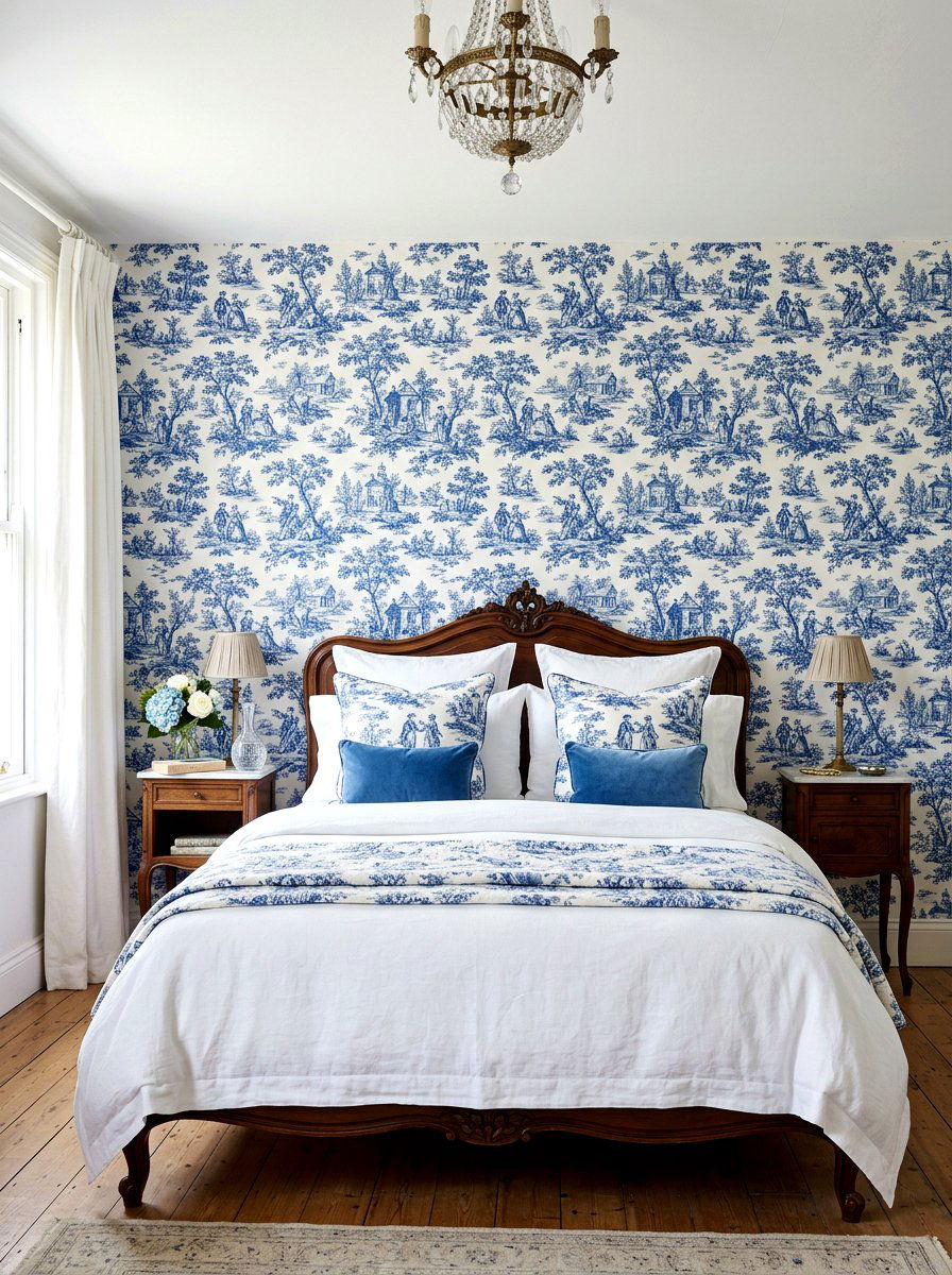 Toile De Jouy Wallpaper - 30 Parisian bedroom ideas