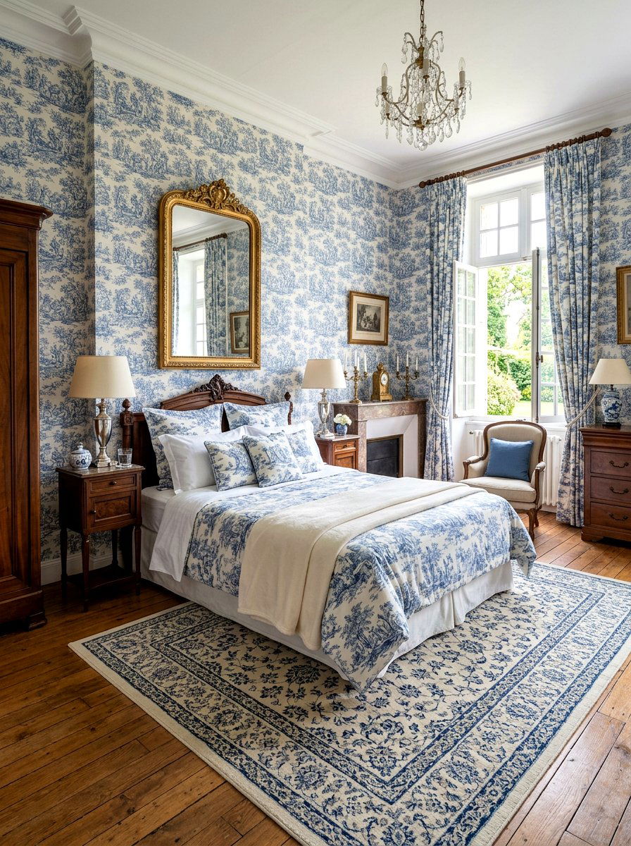 Toile Fabric Classic Bedroom - 30 old money bedroom ideas
