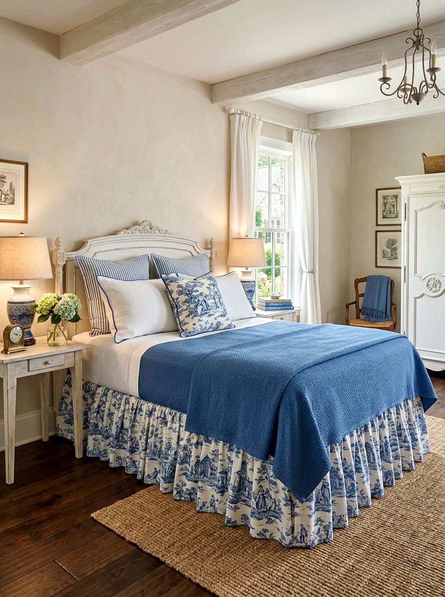 Toile Patterned Bed Skirt - 30 tailored bed skirt ideas