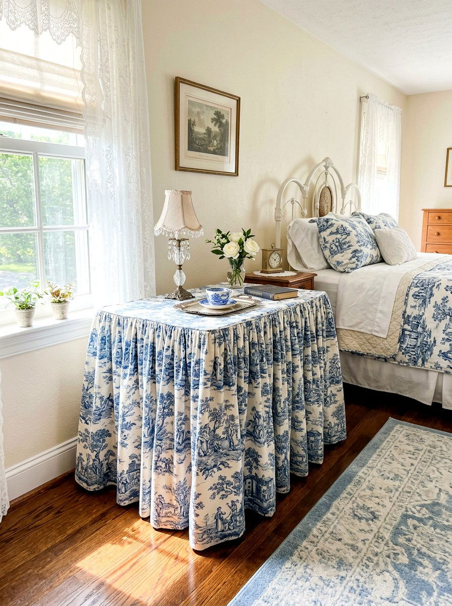 Toile Print Skirted Table - 30 fabric covered side table ideas