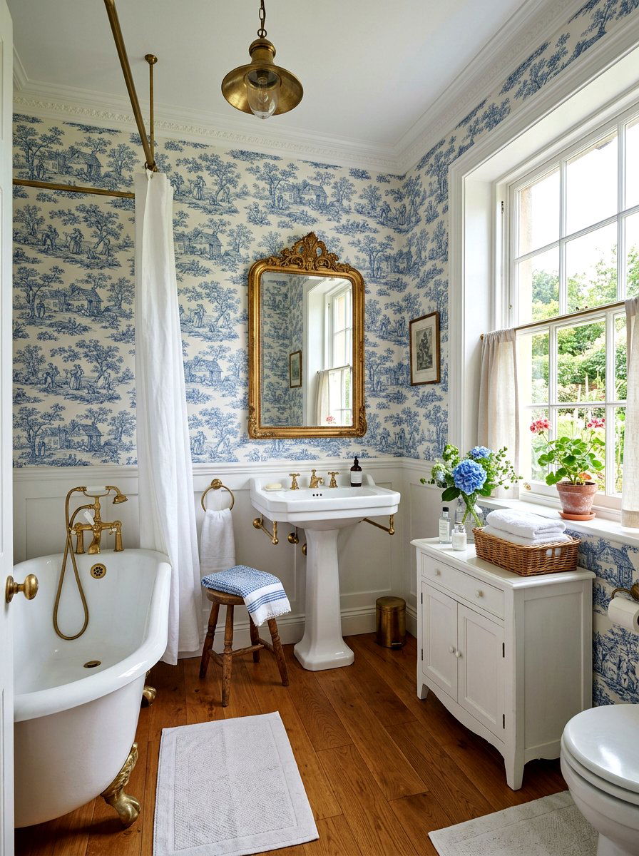 Toile Print Wallpaper - 30 granny chic bathroom ideas