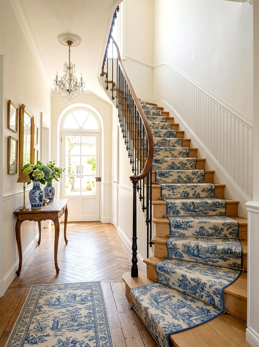 Toile Stair Runner - 30 vintage stair carpet ideas