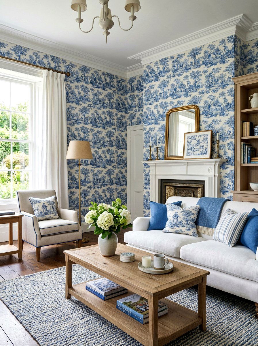Toile Wallpaper - 30 old money living room ideas