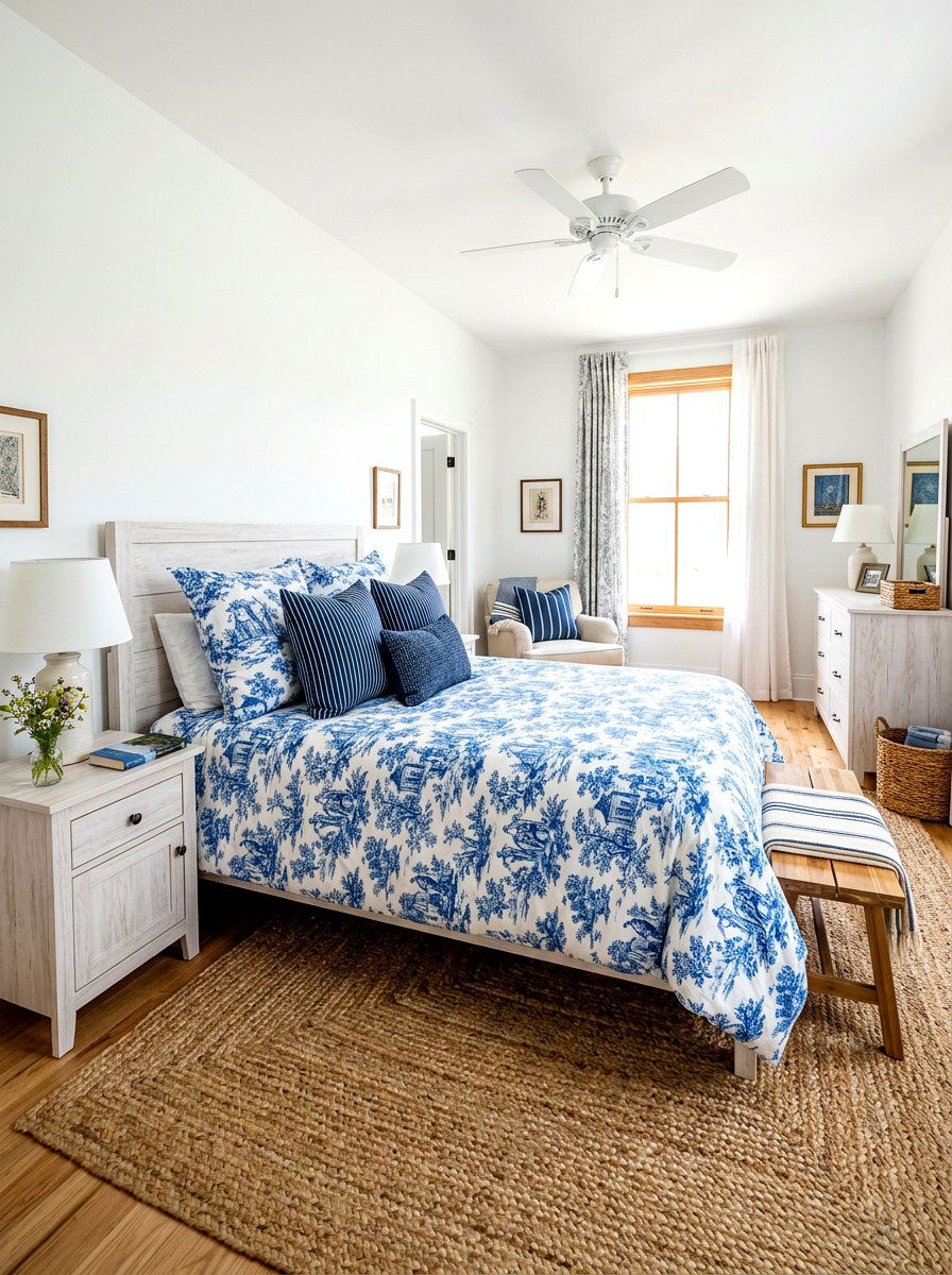 Toile and striped pattern mix - 30 toile bedroom ideas