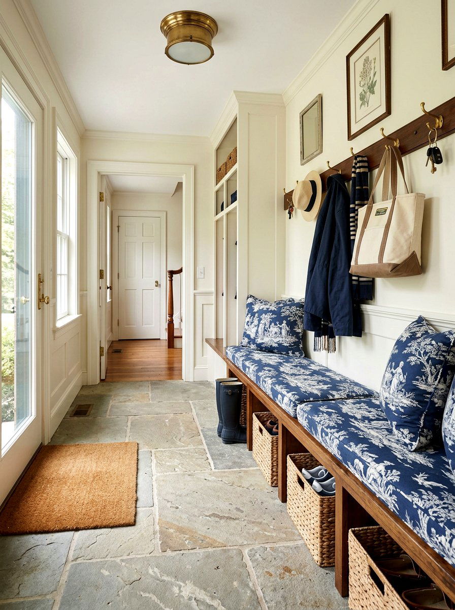 Toile bench seating mudroom - 30 toile decor ideas