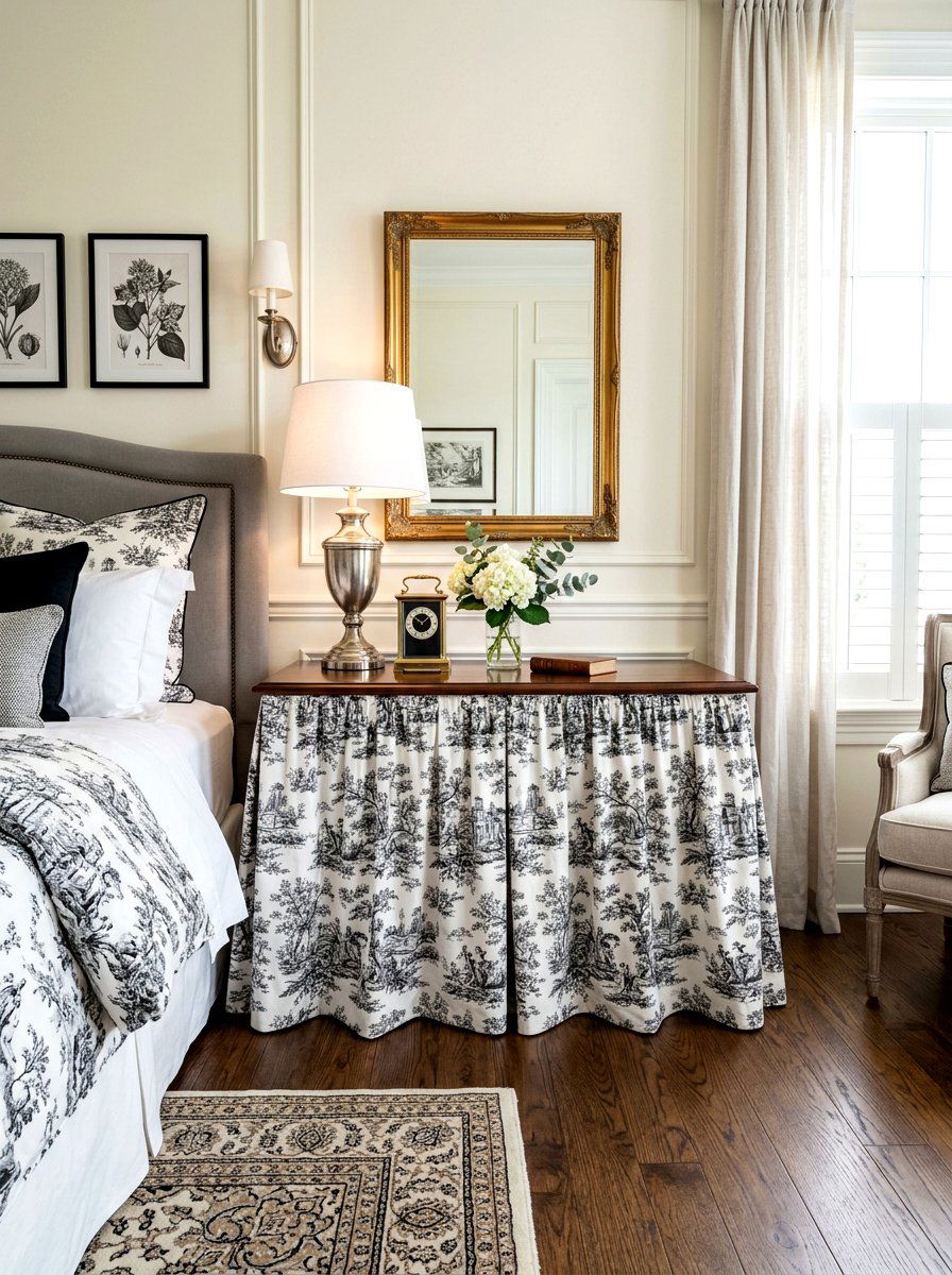 Toile console skirt - 30 skirted console table ideas